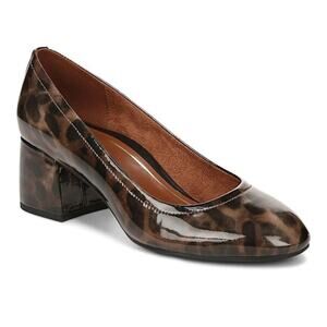 Vionic Camel Leopard Patent Leather Pumps Size 9 Black Brown Block Heel Comfort